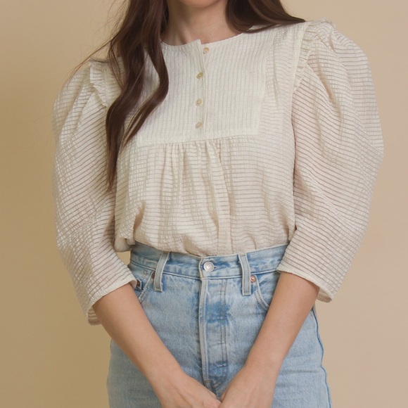 Current Air Tops - Current Air Puff sleeve bib striped blouse